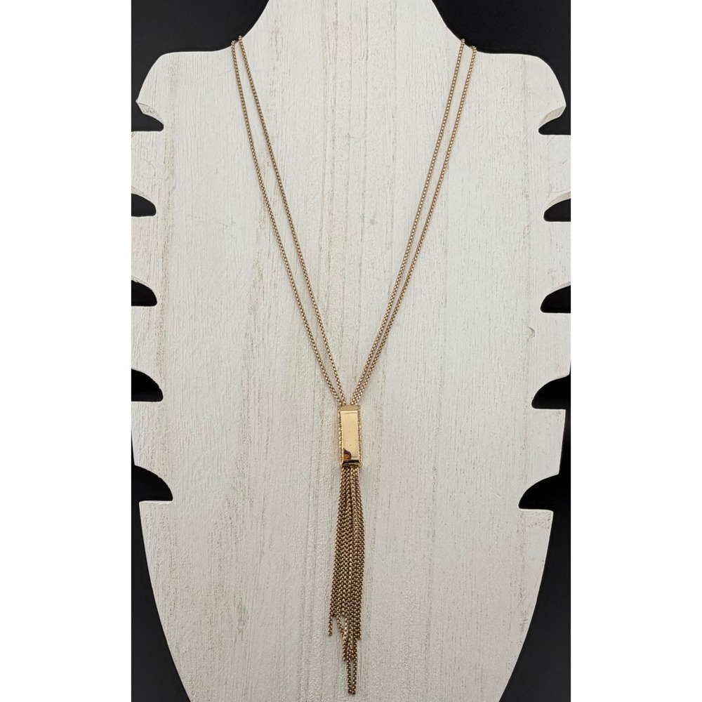 Kenneth Cole Tassel Lariat Necklace Gold Tone Rhinestone Art Deco Modernist‎